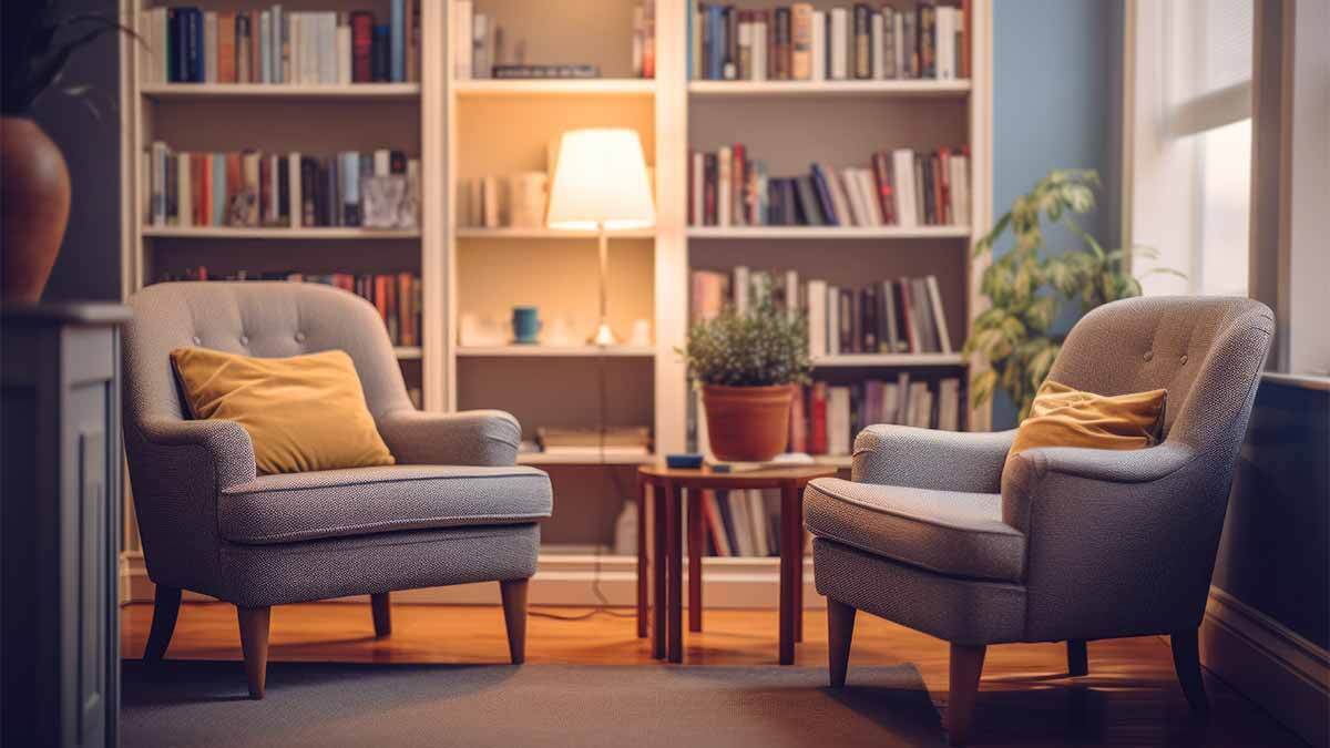 Praxisgründung in der Psychotherapie: Dargestellt ist ein Therapieraum einer psychotherapeutischen Praxis. Im Vordergrund stehen zwei Sessel, im Hintergrund befinden sich Regale mit Büchern.
