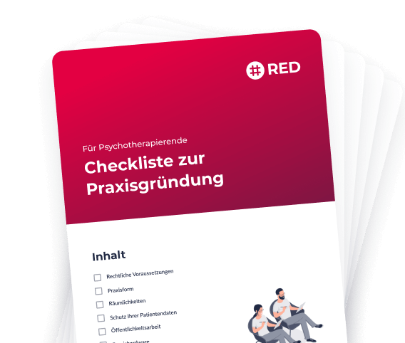 Checkliste-zur-Praxisgründung-PDF Grafische Darstellung der Checkliste von RED zur Praxisgründung in der Psychotherapie. Thematisiert werden rechtliche Voraussetzungen, die Praxisform, die Kosten, die Räumlichkeiten, der Datenschutz, die Öffentlichkeitsarbeit und die notwendige Hard- und Software.