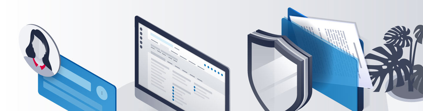Datenschutz und IT-Sicherheit bei der psychotherapeutischen Praxisübernahme Illustration: Computermonitor, Schutzschild und digitale Aktenordner als Symbol für IT-Sicherheit und Datenschutz bei der Praxisübernahme in der Psychotherapie.