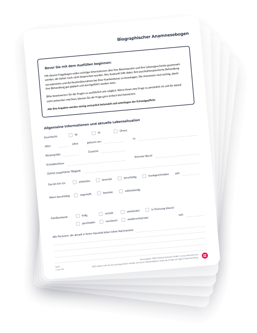 PDF-Vorlage-Anamnesebogen-Psychotherapie Grafische Darstellung des biografischen Anamnesebogens von RED für Psychotherapeuten. Abgebildet sind gegliederte Abschnitte mit Fragen zur aktuellen Lebenssituation, zu den Beschwerden, zur Familie, zum beruflichen und familiären Umfeld, zur Sexualität und zur persönliche Zielsetzung des Patienten.