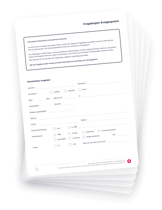 PDF-Vorlage-Erstgespräch-Psychotherapie Grafische Darstellung des psychotherapeutischen Erstgespräch-Fragebogens von RED mit gegliederten Abschnitten zu allgemeinen Angaben, zur aktuellen Medikation, zur zeitlichen Verfügbarkeit, zur Symptomatik, zu den Lebensumständen und zu den persönlichen Therapiezielen des Patienten.