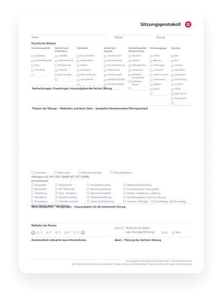 PDF-Vorlage-Sitzungsprotokoll-Psychotherapie Grafische Darstellung des psychotherapeutischen Sitzungsprotokolls von RED mit gegliederten Abschnitten zu psychischem Befund, Nachwirkungen der letzten Sitzung, Themen der aktuellen Sitzung und angewendeten Methoden.