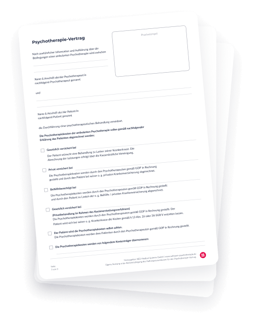 PDF-Vorlage-Vertrag-Psychotherapie Der Behandlungsvertrag von RED dokumentiert Einverständnisse und Vereinbarungen zwischen dem Psychotherapeuten und dem Patienten. Das schafft Rechtssicherheit und ist vor allem bei Themen wie Ausfallhonoraren, Datenschutz oder Haftungsfragen relevant.