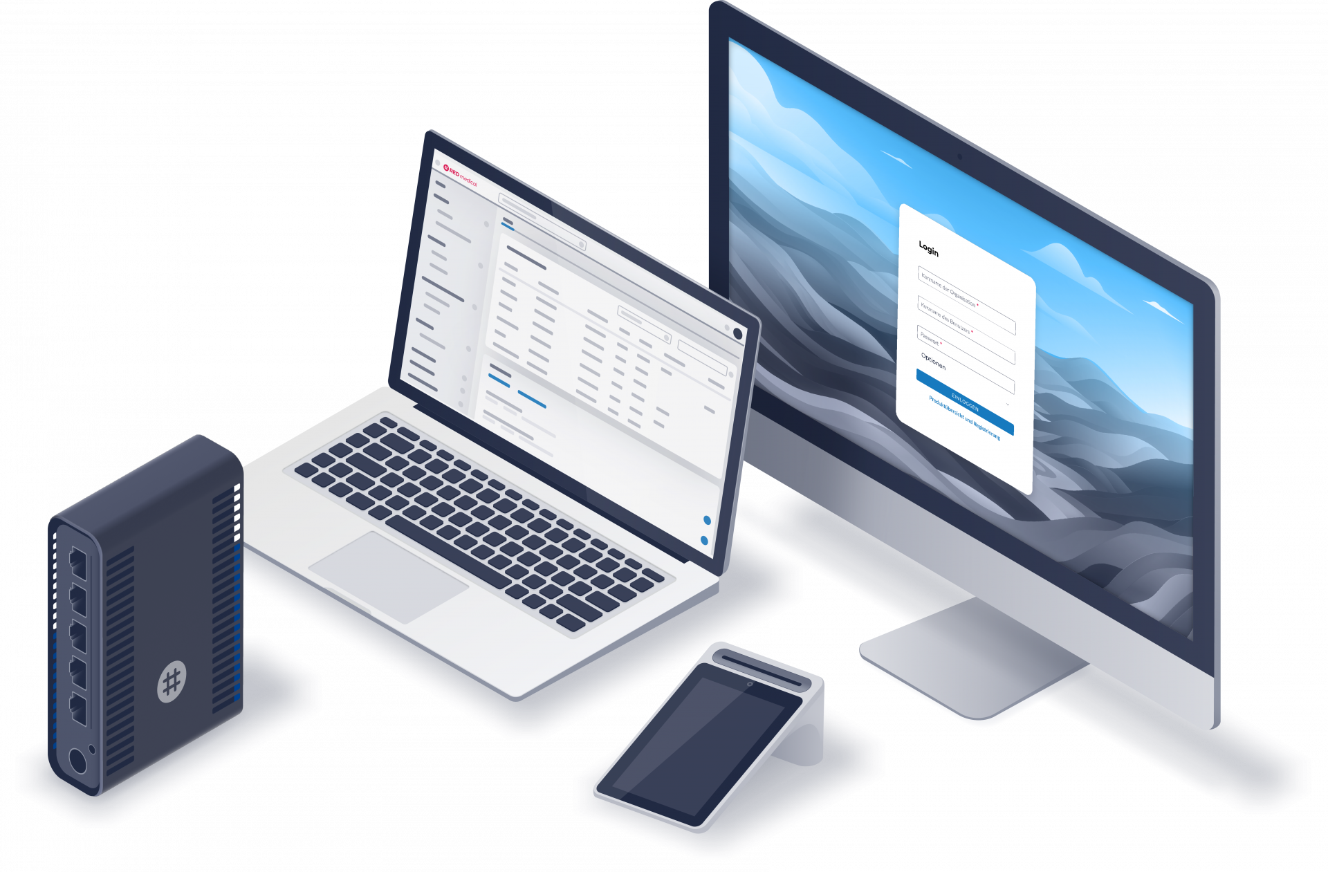 RED medical All in one Angebot_-strong shadow2 Illustration des RED All-in-One-Pakets für Psychotherapeuten mit Praxissoftware, TI-Anschluss, Videosprechstunde, KIM und Firewall.