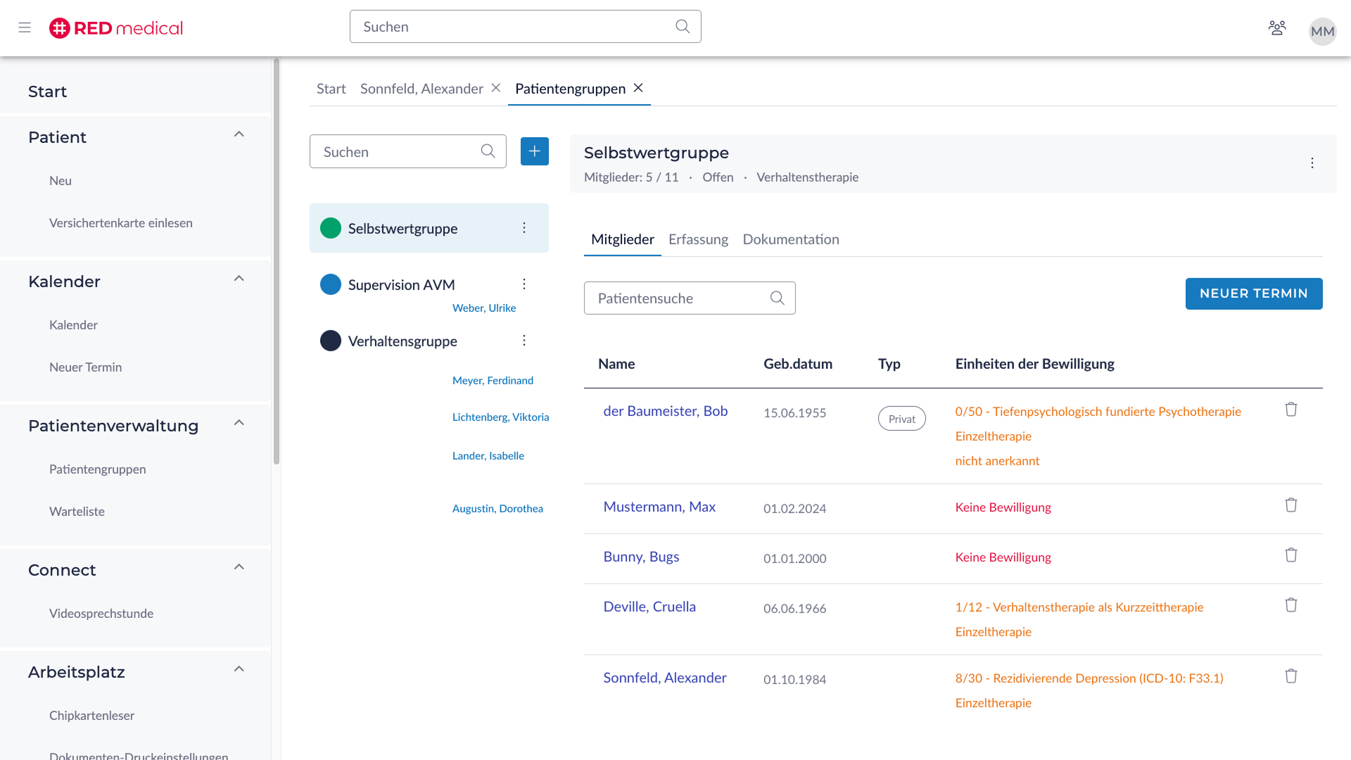 Übersicht einer Patientengruppe mit Mitgliedern, Bewilligungen und Termin-Button in RED medical.