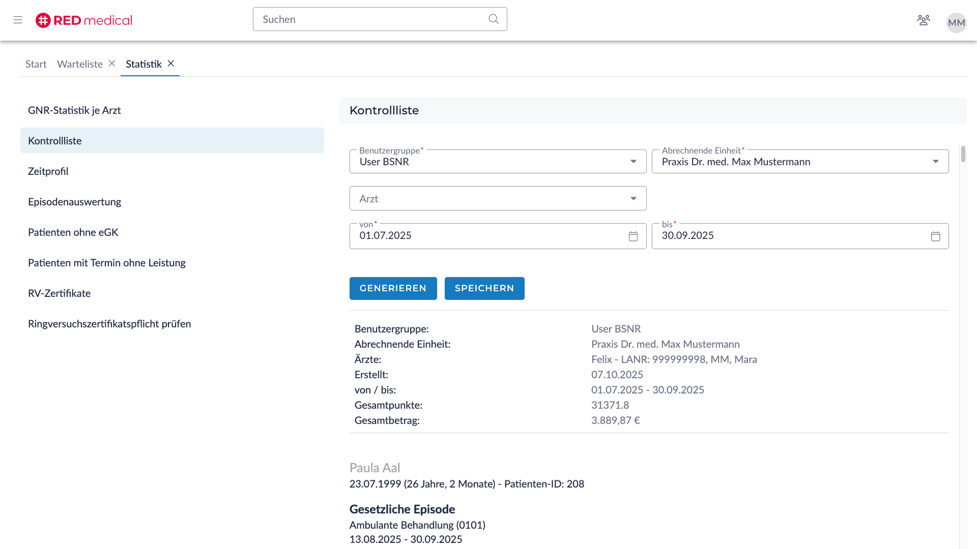 Statistikmodul mit Kontrollliste, Zeitraumfilter und generiertem Report