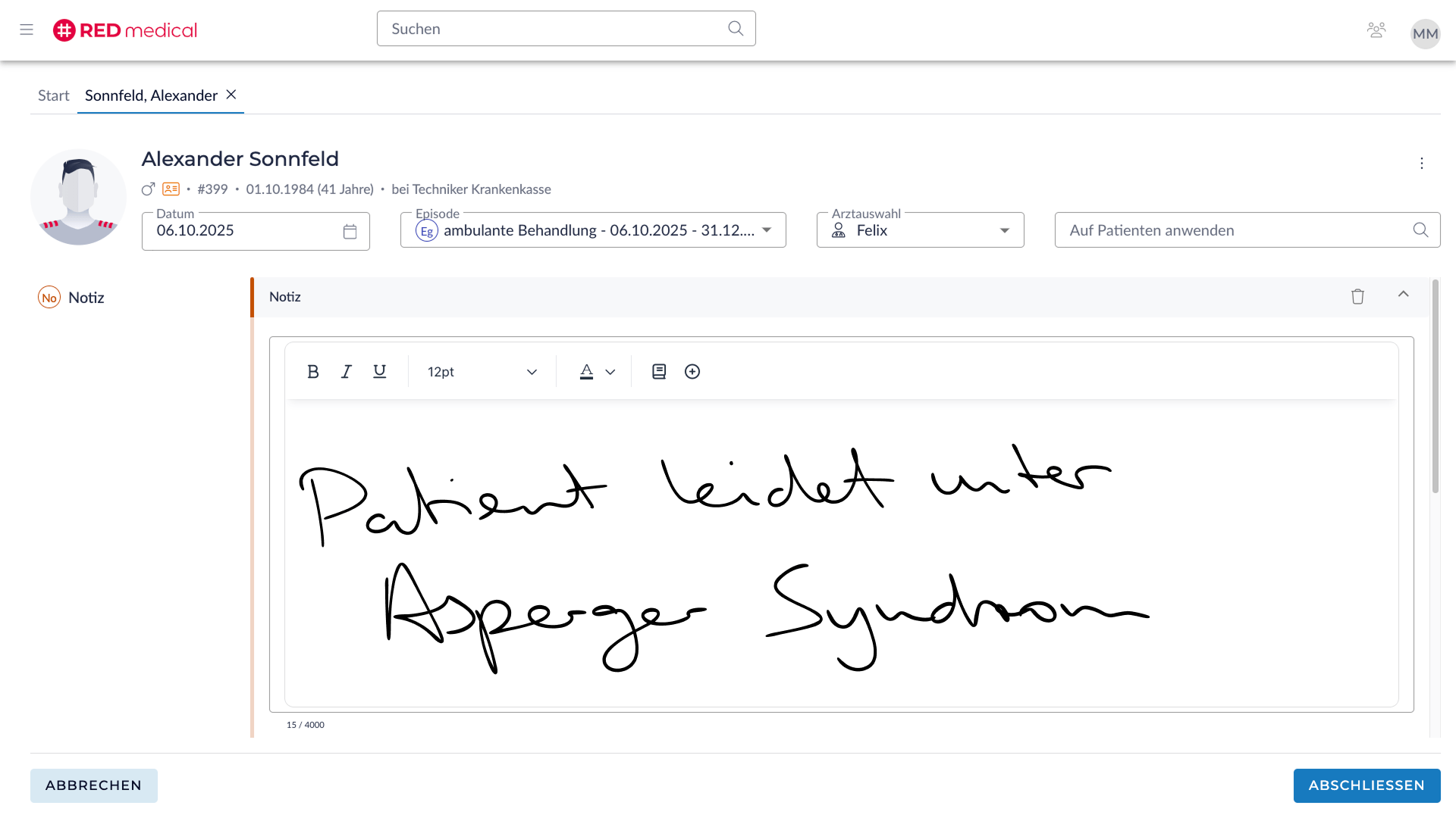 Texteditor in RED medical mit handschriftlicher Notizeingabe über Stiftfunktion