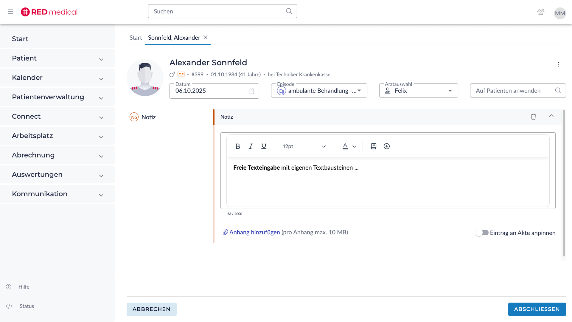 Notiz-Editor mit Formatoptionen und Auswahl der eigenen Textbausteine