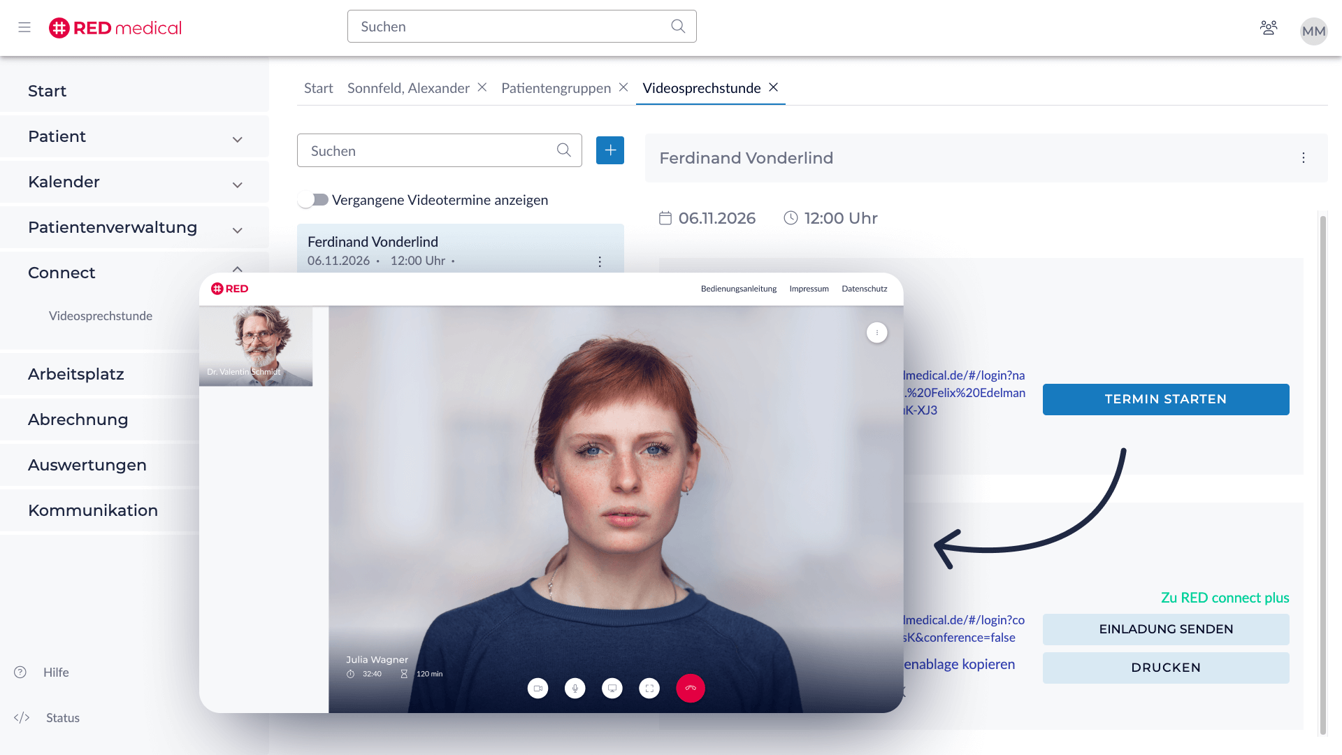 Geöffnete Videosprechstunde mit Patientin im RED connect-Fenster, Optionen zum Terminstart und Einladungsversand