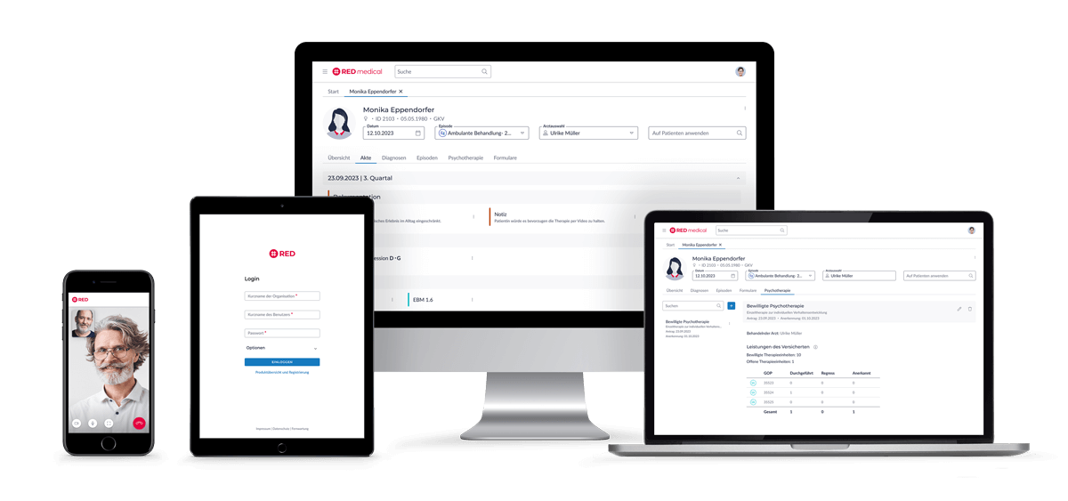 Ob Laptop, Tablet, Smartphone oder PC: Die eigens für Psychotherapeuten konzipierte Praxissoftware RED medical ist auf allen Endgeräten nutzbar.